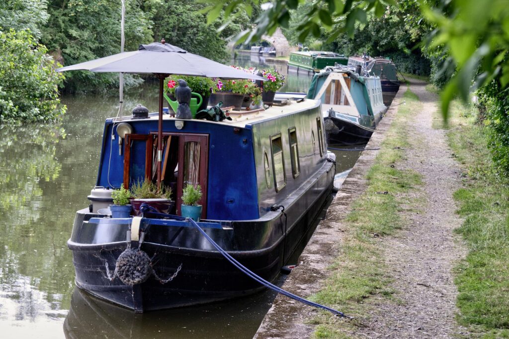 a blue canal boat with flowers on top docked